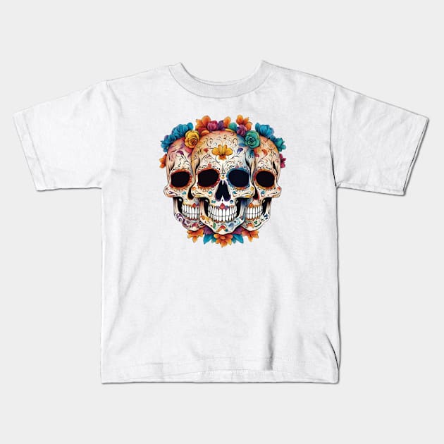 Floral Sugar Skulls With Roses Kids T-Shirt by SOS@ddicted